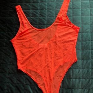 Neon Orange Mesh Thong Body Suit